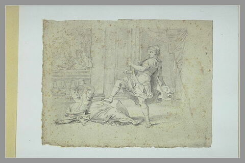 Jeune homme frappant du pied une femme, à gauche, deux vieillards stupéfaits