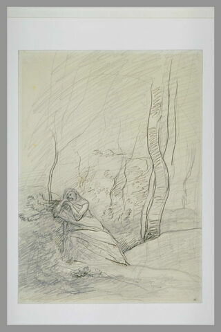 Jeune femme à l'air affligé, à demi étendue dans un bois, image 2/2