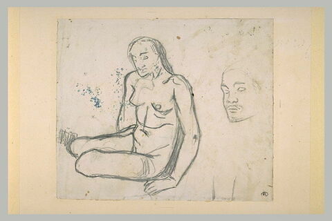 Femme nue assise, la main gauche appuyée sur le sol ; à droite étude de tête