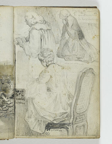 Femme agenouillée priant ; homme âgé lisant une partition et jeune femme assise