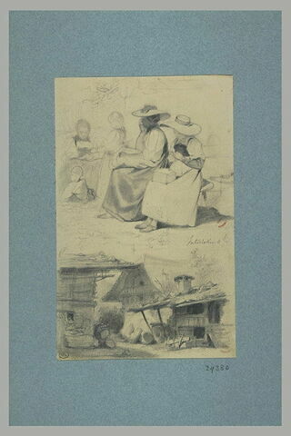 Deux femmes coiffées de grands chapeaux ; maisons rustiques, image 1/1