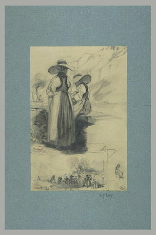 Deux femmes coiffées de chapeaux ; gens dans une barque ; croquis de femme