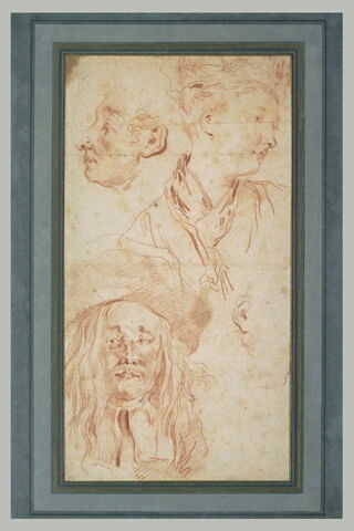 Etudes : deux têtes d'homme, femme en buste, une oreille