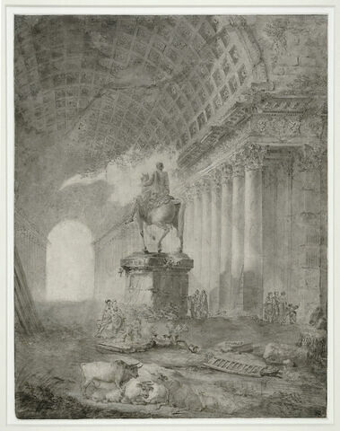 Dans une galerie romaine en ruine, se dresse une statue équestre d'empereur