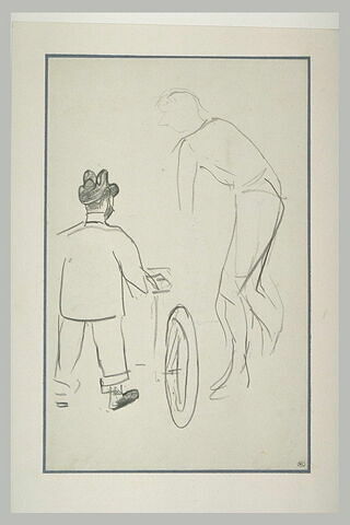Lautrec de dos, semble tenir une bicyclette, et silhouette d'un cycliste