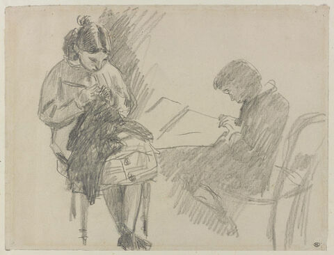 Jeune fille assise, tricotant, et un jeune garçon assis tenant une feuille
