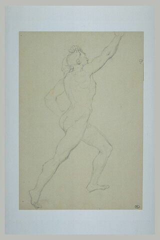 Homme nu, bras droit levé, s'élançant vers la droite, image 2/2