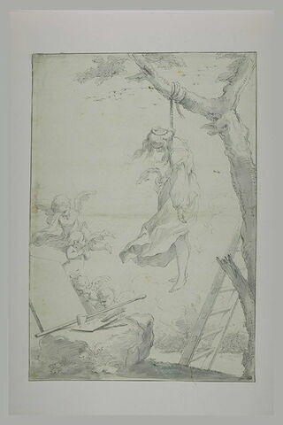 Jeune femme pendue à un arbre, devant une toile vierge, et une palette, image 1/1
