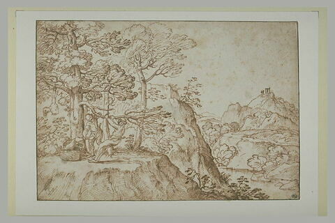 Deux paysans détachant d'un arbre le corps d'un pendu, dans un paysage
