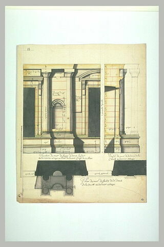 Projet architectural pour le palais du Louvre : élévation, plan et profil du mur de face dedans la cour au dernier étage au droit de l'avant-corps du milieu