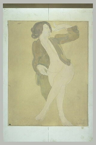 Femme nue, portant une veste brune, image 2/2