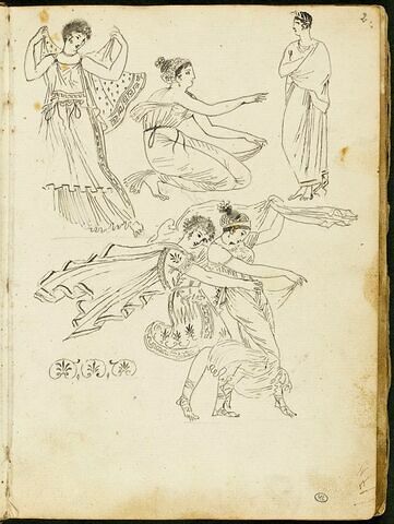 Cinq personnages à l'antique ; motifs décoratifs à palmettes