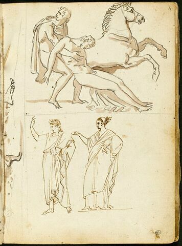 Personnage à l'antique transportant le corps mort d'un homme nu devant un cheval cabré ; deux figures à l'antique, drapées, tournées vers la gauche