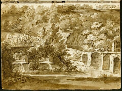 Paysage avec une rivière, des cascades, un pont à arcades et des motifs pastoraux