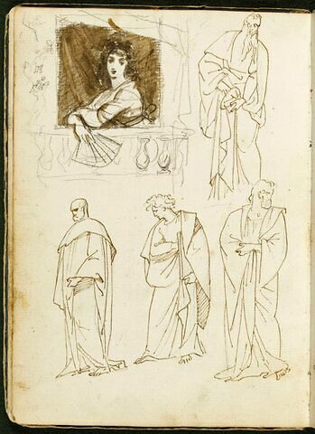 Femme au balcon, tenant un éventail ; quatre figures d'hommes drapés à l'antique dans différentes attitudes, image 1/1