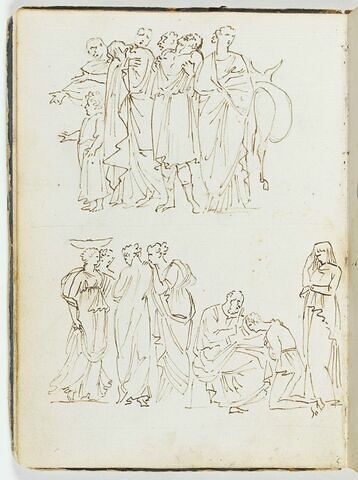 Les frères de Joseph déchirant leurs vêtements de désespoir ; quatre figures féminines et Isaac bénissant Jacob en présence de Rébecca