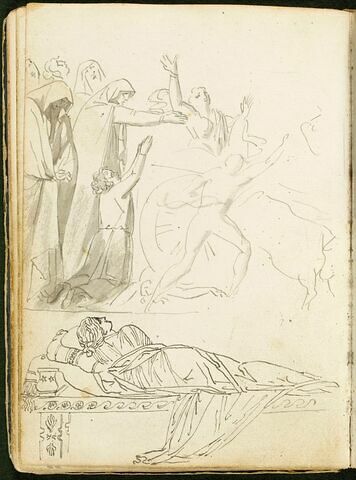 Saint Zénobe ressuscitant un enfant mort ; femme drapée à l'antique, de dos, allongée sur un triclinium