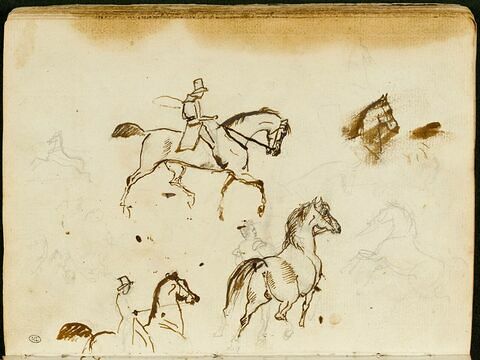 Feuille d'études avec des esquisses de chevaux, deux cavaliers et un cheval avec palefrenier, image 1/2