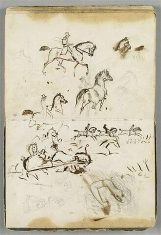 Feuille d'études avec des esquisses de chevaux, deux cavaliers et un cheval avec palefrenier, image 2/2