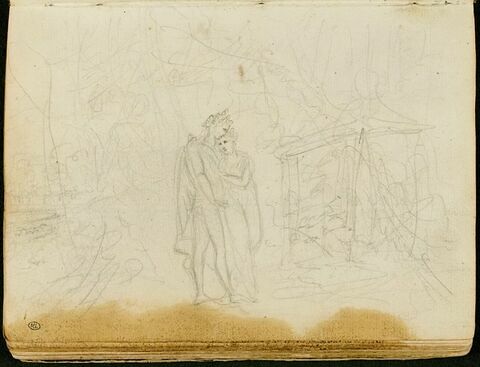 Paysage champêtre avec un couple enlacé près d'un sarcophage ancien : étude pour 'Et in Arcadia Ego', image 1/1