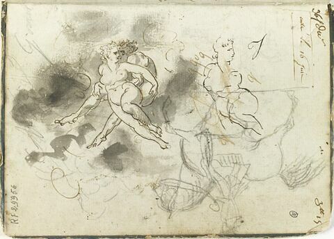 Un couple enlacé, reprise de la figure féminine ; esquisse d'un cavalier et d'un cheval cabré ; annotations