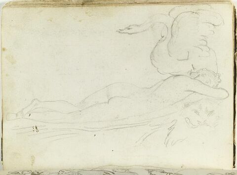 Figure nue, allongée, dormant sur une peau de panthère, avec un cygne perché sur son épaule gauche, image 1/2