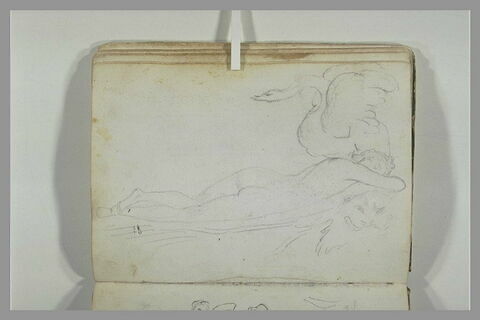 Figure nue, allongée, dormant sur une peau de panthère, avec un cygne perché sur son épaule gauche, image 2/2