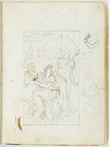 Composition allégorique : 'Le Temps et la Sculpture' ? ; deux variantes de la figure féminine et esquisse de son bras droit ; traits en zigzag, image 1/2