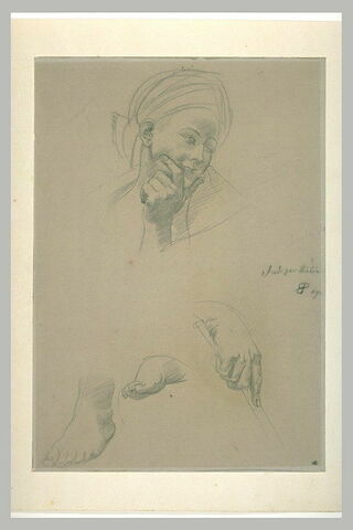Tête de femme avec un turban , deux études de pieds et une main, image 1/1