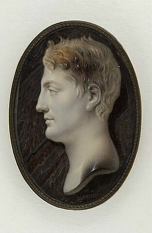 Portrait de Pierre Antoine Lebrun, auteur dramatique ( 1785-1873), tête de profil à gauche en imitation de camée, sur fond noir.