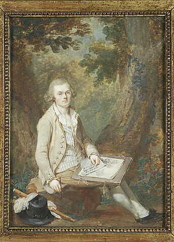 Portrait d'un artiste assis dans un paysage boisé