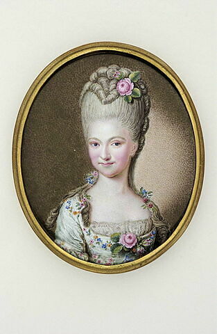 Portrait de femme, portant une robe verte et haute coiffure Marie Antoinette