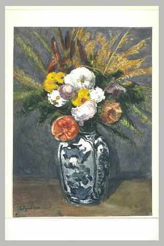 Bouquet de fleurs, dans un vase bleu et blanc
