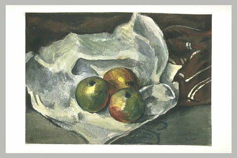Trois pommes sur un torchon blanc, image 1/1