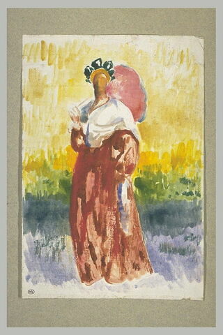 Femme debout, de face, en costume régional avec une ombrelle, image 1/1
