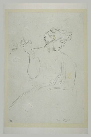 Femme assise de face, la tête tournée vers la gauche, le bras droit plié..., image 1/1