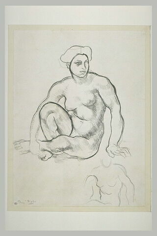 Femme nue assise à terre, la jambe droite pliée et le bras droit retenant..., image 1/1