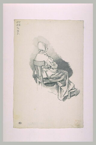 Femme assise, tournée vers la droite, vue de dos, image 1/1