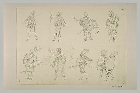 Feuille d'études pour huit costumes de soldats, époque Henri III