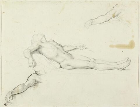 Etude d'un corps d'homme nu couché, la tête reposant sur le bas d'un drapé, image 1/2