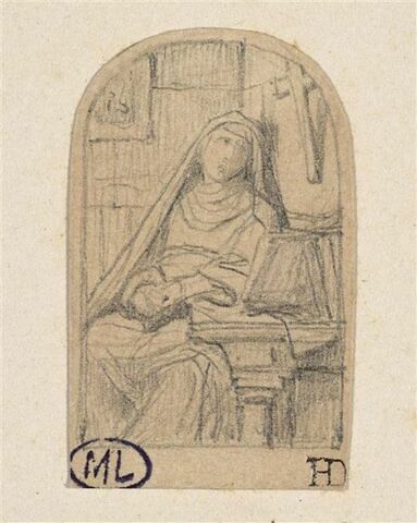 Religieuse assise dans une cellule devant un livre ouvert, image 1/2