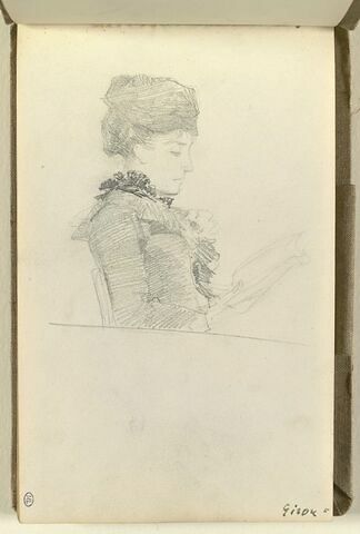 Femme, en buste, de profil à droite, lisant