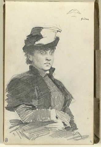 Jeune femme, en buste, coiffée d'un chapeau