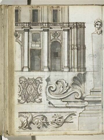Détail de la façade de la villa Corsini, terme avec tête barbue et trois motifs architecturaux, image 1/2