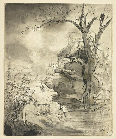 Femme nue assise au bord de l'eau, près d'un crâne : sainte Madeleine (?)