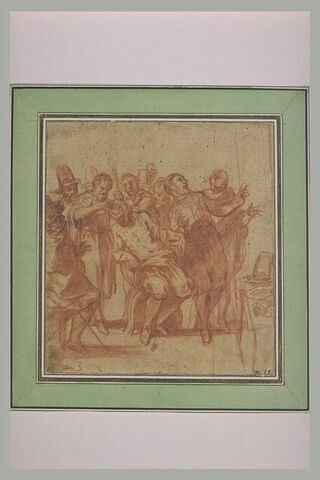 Groupe d'homme entourant une figure assise : scène d'opération (?), image 1/1