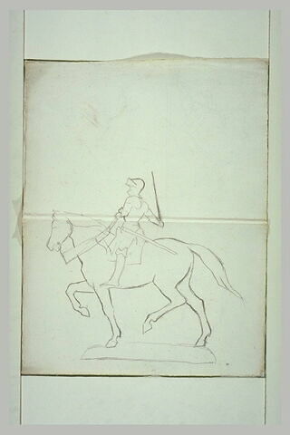 Jeanne d'Arc, à cheval, casquée, tenant une épée