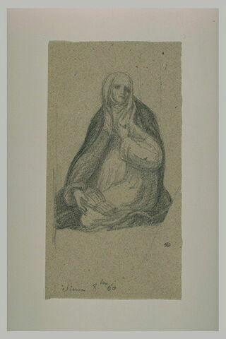 Femme voilée, agenouillée, ayant un livre ouvert sur les genoux, image 1/1