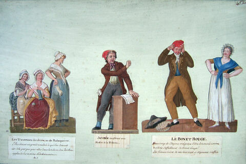Tricoteuses jacobines, jacobins vociférant à la tribune, citoyen se coiffant du bonnet rouge, image 1/1
