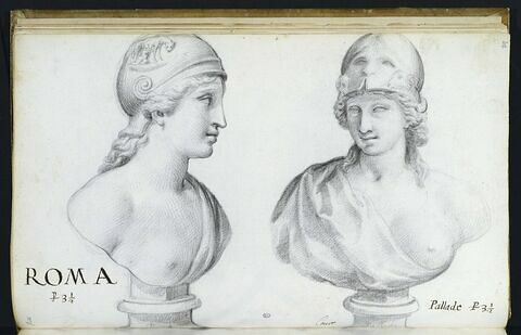 Deux bustes représentant l'un 'ROMA' ; l'autre 'PALLADE'